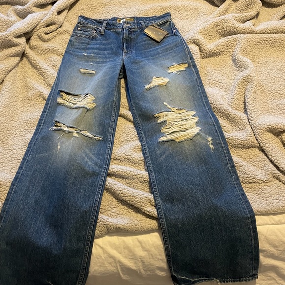 MOTHER Wide Leg Distressed Jeans - Blue